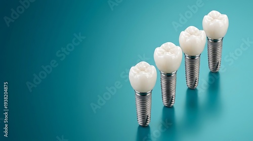 A set of dental implants with white crowns on a teal background