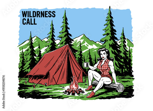 Wilderness call vector graphic design. Outdoor adventure camping artwork. Retro woman with coffee by campfire. Mountain forest landscape with tent. Ex