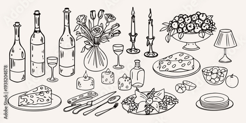 A detailed line drawing of a lavish still life with food and objects