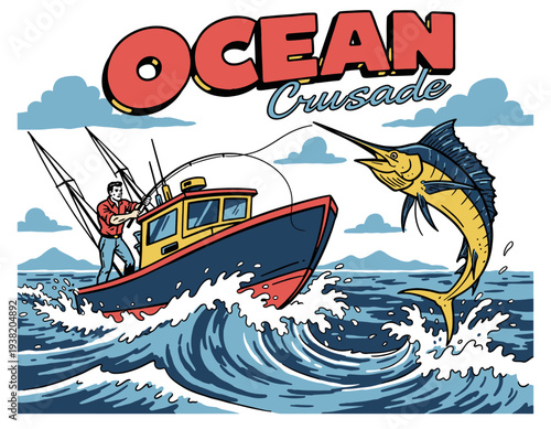 Ocean fishing illustration for t-shirt. Fisherman catching marlin design. Vintage deep sea adventure artwork. Big game fishing club graphic. Nautical