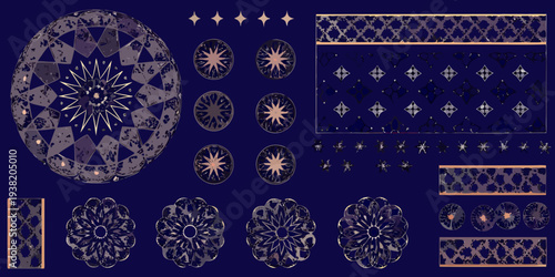 Geometric floral patterns and starbursts on a deep purple background