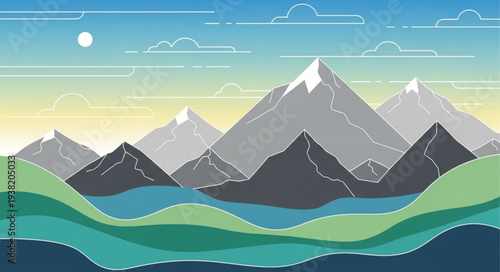 Serene mountain landscape with calm waters and vibrant sky.