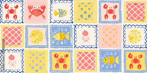 Colorful postage stamps featuring marine life and geometric patterns