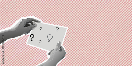 Hands holding a paper with question marks and lightbulb sketches