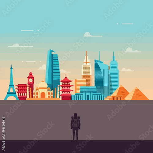 Traveler looks at famous world landmarks skyline, concept of global tourism and exploration
