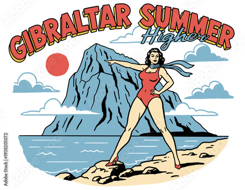 Gibraltar summer holiday design. Retro beach mountain artwork. Pin up girl graphic print. Ocean view travel poster. Summer adventure illustration.