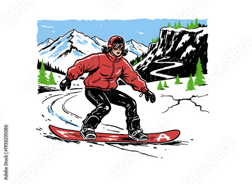 Snowboarding winter sport design. Mountain outdoor adventure graphic. Snowboarder action illustration. Winter sport apparel artwork. Extreme snow fun