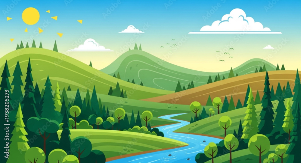 Naklejka premium Serene landscape with rolling hills and a winding river.