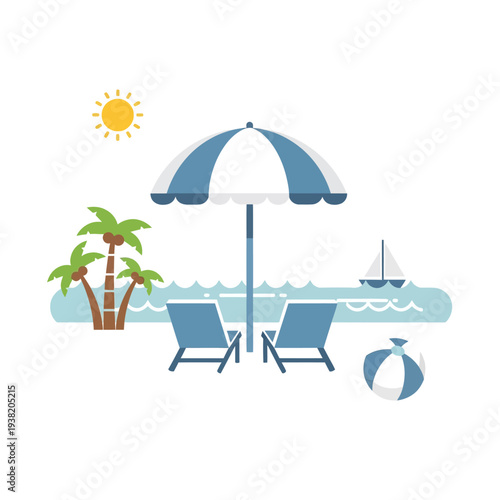 Tropical beach vacation scene with palm trees, beach chairs, umbrella, and sailboat