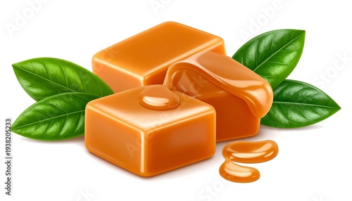 Three caramel candies with dripping caramel sauce, decorated with green leaves against a plain white background