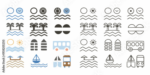 Collection of minimalist icons depicting weather travel and landscape elements