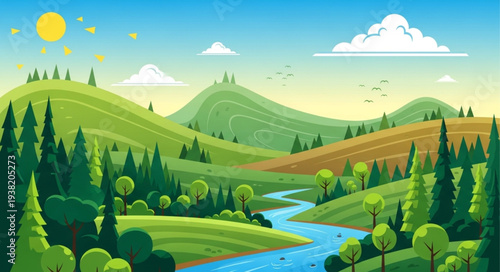 Serene landscape with rolling hills and a winding river.