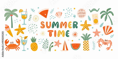 Colorful summer illustration featuring tropical fruits drinks and ocean elements