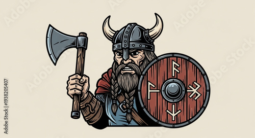 Viking warrior with axe and shield cartoon character.