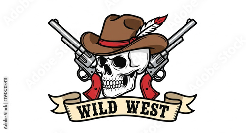 Wild West cowboy skull with crossed pistols emblem design.