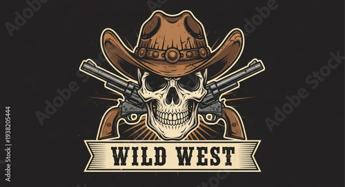 Vintage Wild West cowboy skull emblem with crossed pistols.