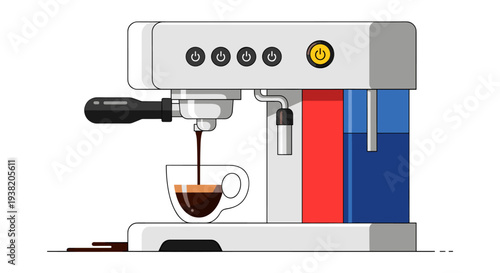 Espresso machine pouring hot coffee into a clear cup