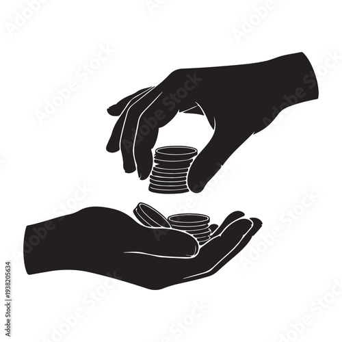islamic Hands giving and receiving coins symbolizing financial transaction donation donation or payment silhouette