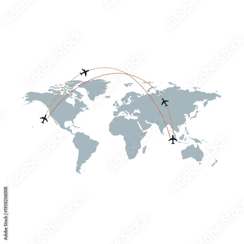 World map with airplanes flying on routes, global travel and logistics concept