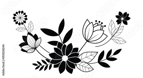 A delicate black and white floral illustration with various flowers and leaves