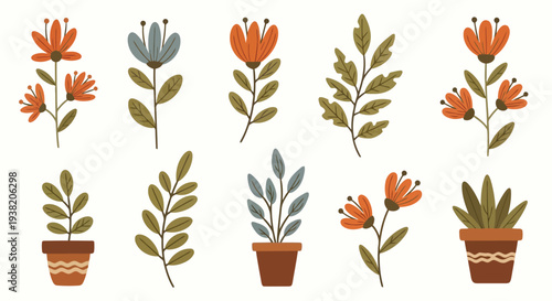 A delightful arrangement of potted plants with vibrant flowers and lush greenery