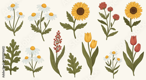 A delightful collection of colorful flowers and plants in a whimsical arrangement.