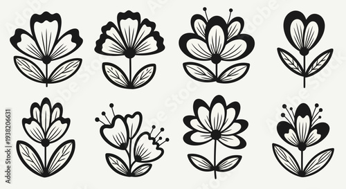 A delightful collection of nine distinct flowers in a charming black and white illustration