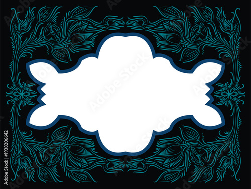 Elegant Bengali rickshaw painting style floral border line drawing. Teal colored artistic vines and floral frame for Pohela Boishakh New Year greeting or poster design. Editable EPS.