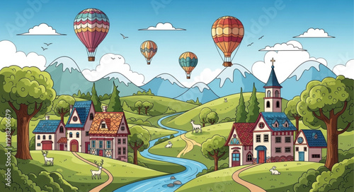 Whimsical countryside landscape with hot air balloons and quaint houses.