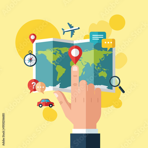 Travel planning with map, airplane, car, compass, magnifying glass, and chat bubbles