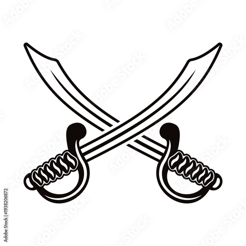 Two crossed pirate sabers black and white vector illustration  Vintage nautical objects isolated on white background, perfect for pirate themes, tattoos, badges and adventure designs