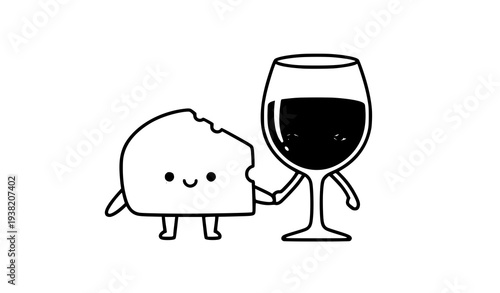 Cute Kawaii Cheese Slice and Red Wine Cartoon Couple Holding Hands