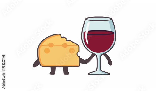 Cute Kawaii Cheese Slice and Red Wine Cartoon Couple Holding Hands