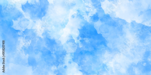Panorama of blue sky and White cloud nature background .Classic hand painted Blue watercolor background for design.Aquarelle hand painted paper textured canvas for vintage ,invitation card, template.	