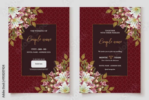 WEDDING INVITATION FRAME WITH FLOWER DECORATIONS AND FRESH LEAVES