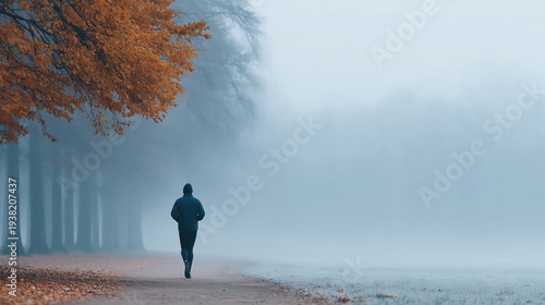 Man running in foggy park with autumn leaves. Lone runner jogging on path in mist. Concept of mental health, peace, and cold weather exercise.