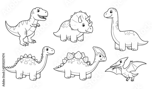 Kids Dinosaur Coloring Page Set Cute Cartoon Dino Collection Outline Illustration