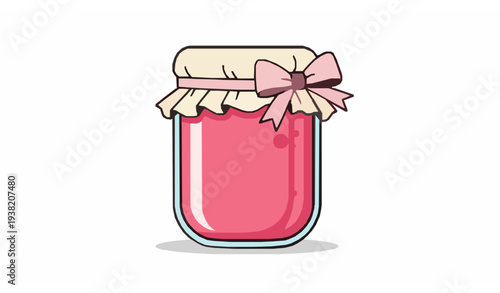 Cute Glass Jar of Pink Jam with Ribbon and Cloth Lid Vector Illustration