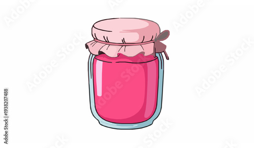 Homemade Strawberry Jam Jar with Ribbon and Cloth Cover Cute Food Illustration