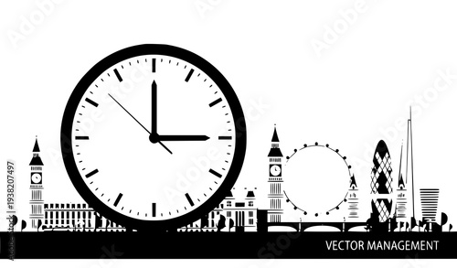 Time Management Business Concept with London Skyline and Large Clock