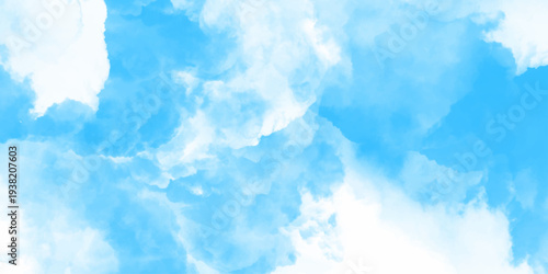 Panorama of blue sky and White cloud nature background .Classic hand painted Blue watercolor background for design.Aquarelle hand painted paper textured canvas for vintage ,invitation card, template.	