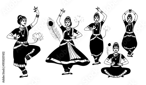 Indian Classical Dance Performers in Traditional Dress Cultural Illustration Set