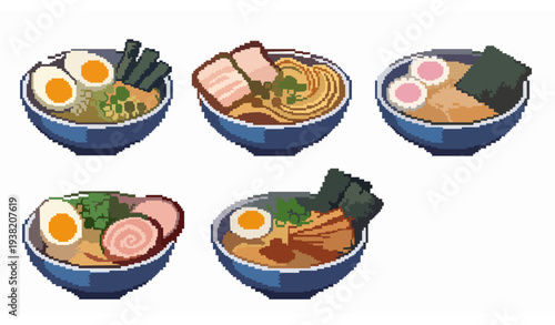 Pixel Art Ramen Bowl Collection Retro Japanese Noodle Food Set