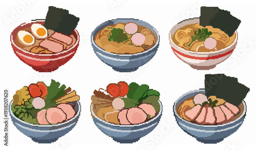 Cute Pixel Art Ramen Noodle Bowls Set Retro 8 Bit Food Illustration
