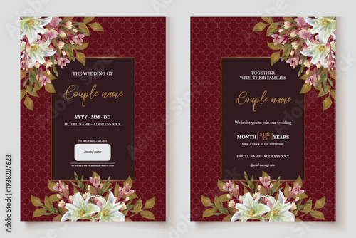 WEDDING INVITATION FRAME WITH FLOWER DECORATIONS AND FRESH LEAVES