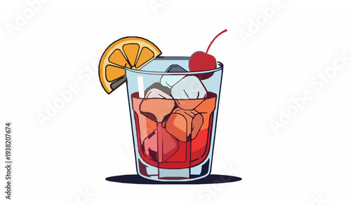 Colorful Cocktail Glass with Ice Orange Slice and Cherry Garnish