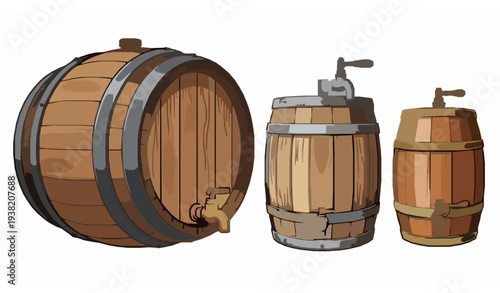 Wooden Barrels with Spigots Collection for Beverage Storage and Brewing