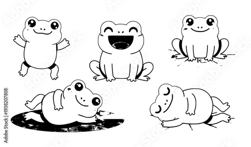 Adorable Cartoon Frog Collection Playing on Lily Pads Vector Set