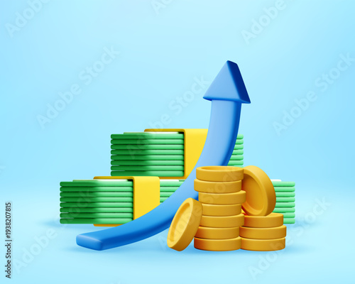 3D Blue arrow pointing upward on pile of cash and gold coin. Business growth chart with rising trend. Financial wealth accumulation and capital investment concept. 3d stock vector illustration.
