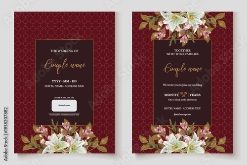 WEDDING INVITATION FRAME WITH FLOWER DECORATIONS AND FRESH LEAVES